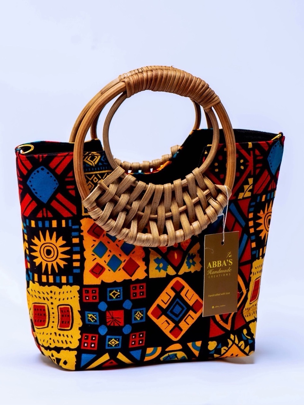 Colorful African Print Tote with Rattan Handles